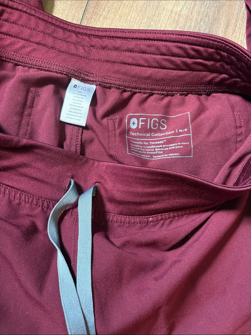 Figs Technical Collection Scrub Pants in Burgundy with Gray Drawstring